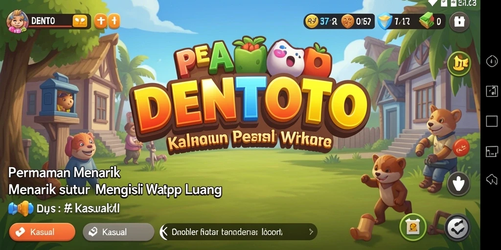Tampilan antarmuka DENTOTO dengan karakter lucu dan warna cerah.