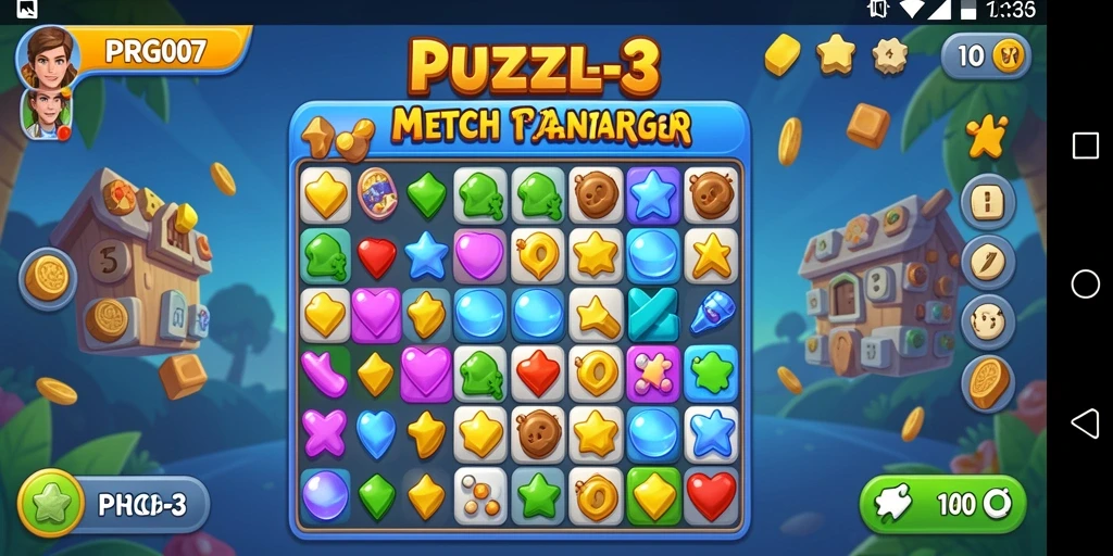 Tampilan antarmuka permainan Puzzle Match-3 yang menarik dan interaktif.